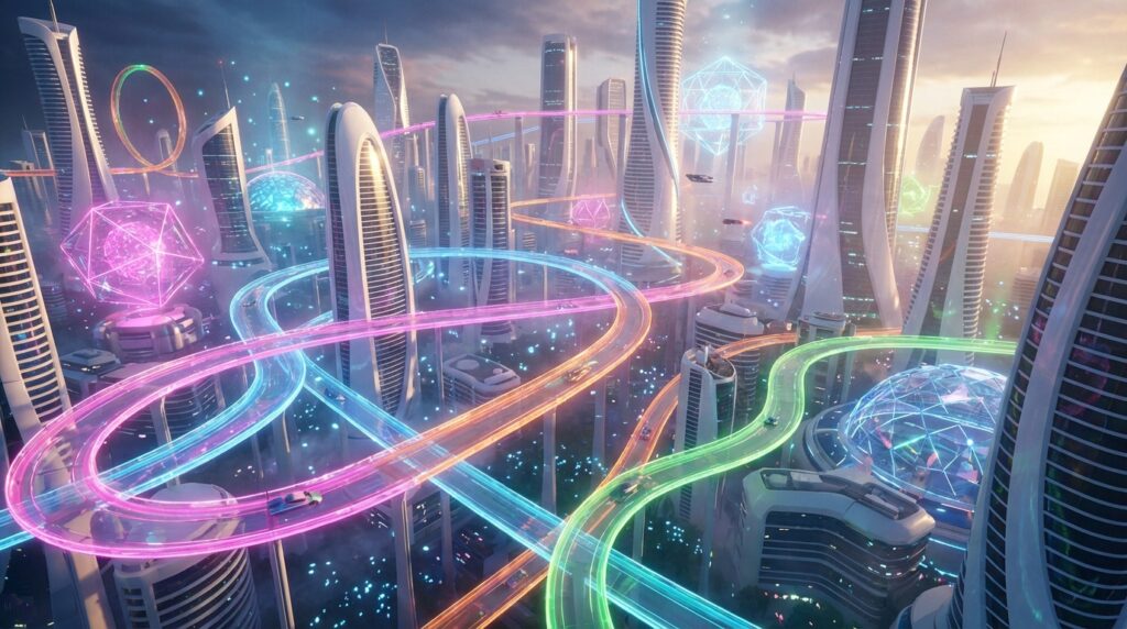 2027年のトゥモローランドのイメージ、シュガー・ラッシュのコースと未来的な建築の融合