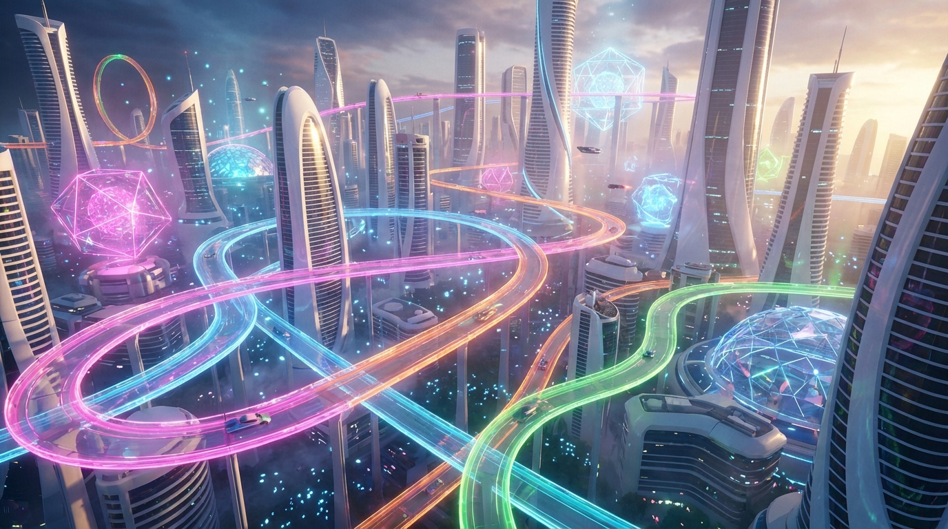 2027年のトゥモローランドのイメージ、シュガー・ラッシュのコースと未来的な建築の融合