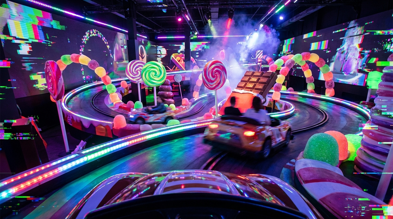 シュガー・ラッシュのアトラクション内部イメージ、ライドからの視点