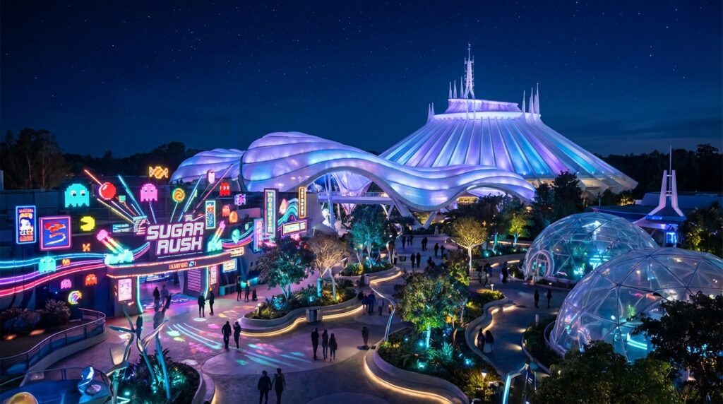 2027年のトゥモローランド夜景イメージ、新スペース・マウンテンと広場