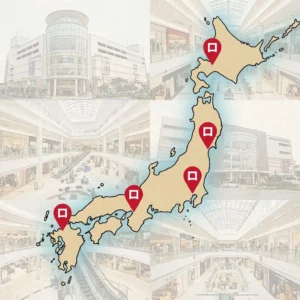 日本地図上にロピアが出店した廃墟モール（岸和田、印西など）をピンで示したイラスト