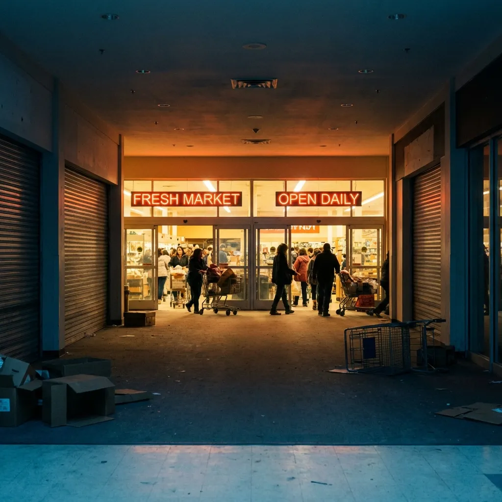 廃墟モールの中でロピアだけが賑わっている様子を表すイメージ画像