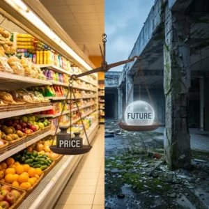 明るいスーパーの棚（救世主）と暗い廃墟の柱（死神）を対比させたコンセプトアート