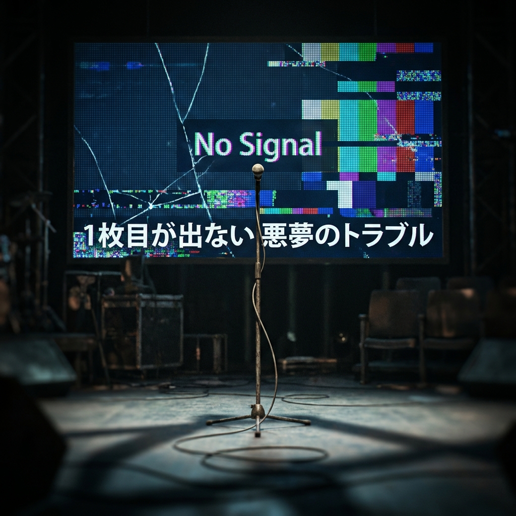 ステージ上の機材トラブルを暗示するグリッチ画面