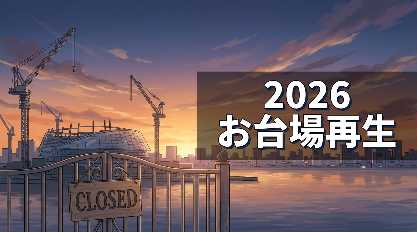 夕暮れのお台場と、建設が進むトヨタアリーナ東京のシルエット