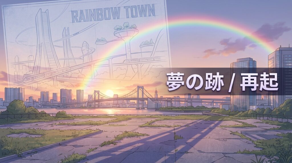 レインボータウンの構想図と、現代のお台場の夕景を重ねたイラスト