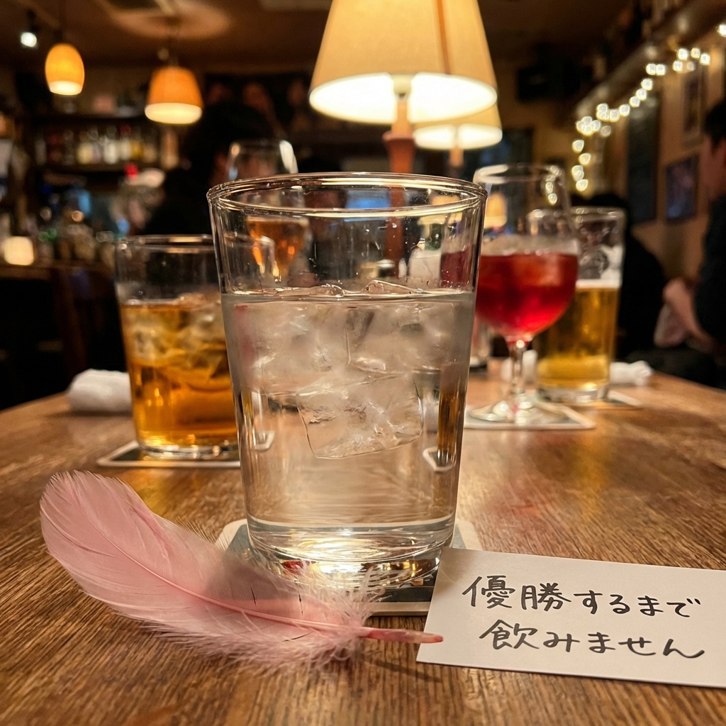 バーのカウンターに置かれた水とピンクの羽