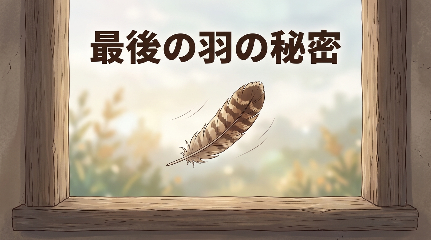 窓辺の木枠と、そこへ舞い落ちる一枚の茶色の羽