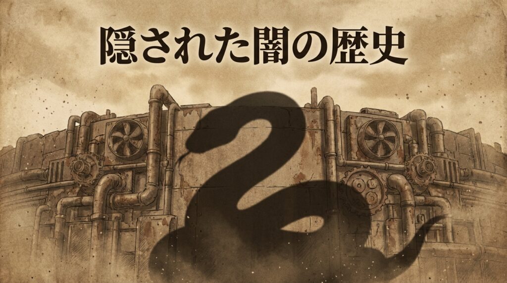 都市創設期の闇の歴史を描いたセピア調のイラスト