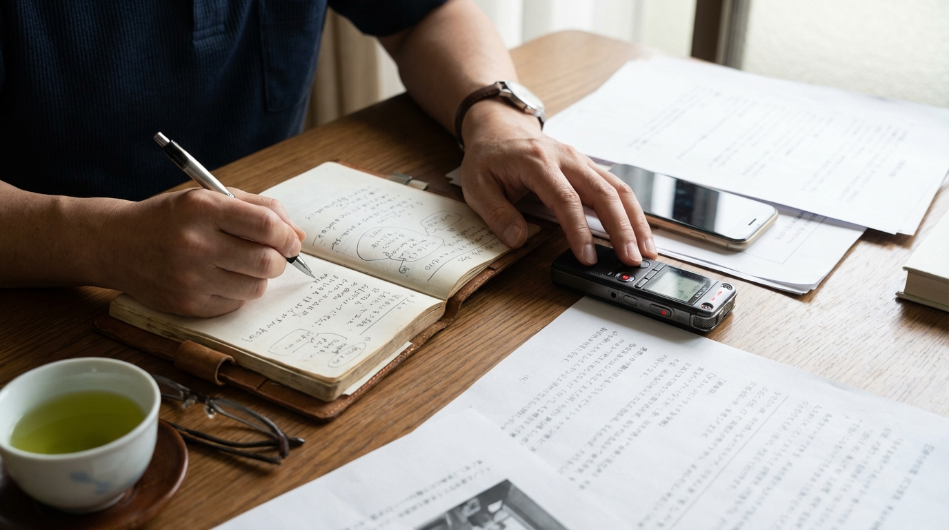 ICレコーダーで録音しメモを取る手元