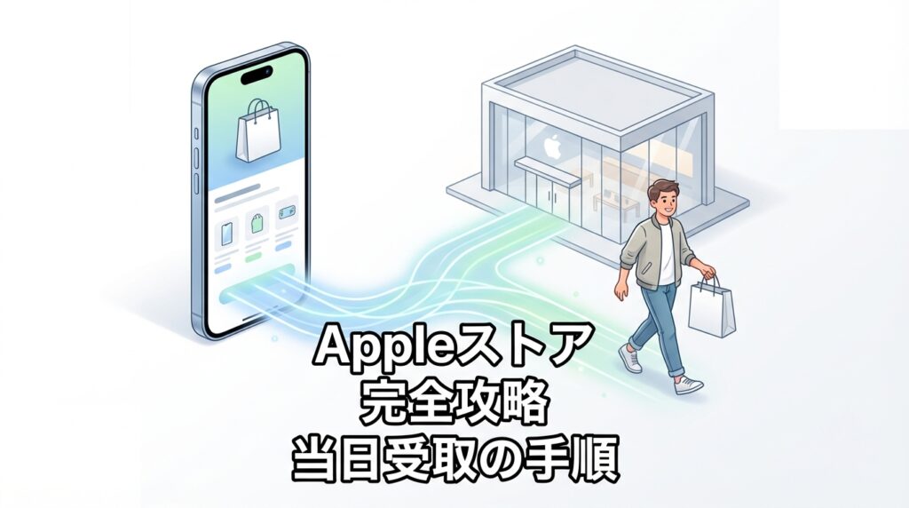 オンライン予約から実店舗での受け取りまでのスムーズな流れを表現したイラスト。