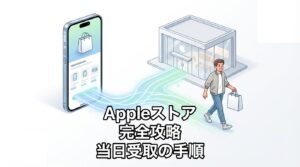 オンライン予約から実店舗での受け取りまでのスムーズな流れを表現したイラスト。