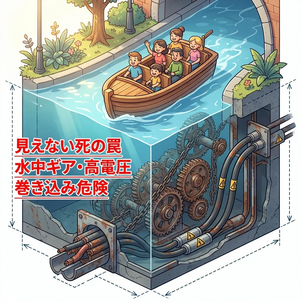 アトラクションの水面下の危険構造