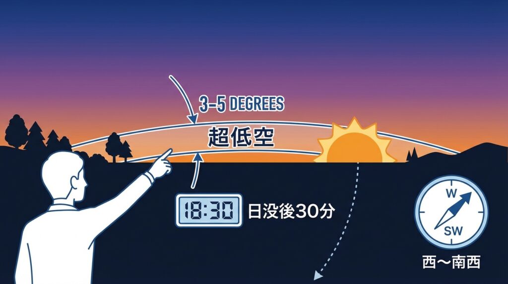 MAPS彗星の観測条件（西の低空、日没後）を示す図解