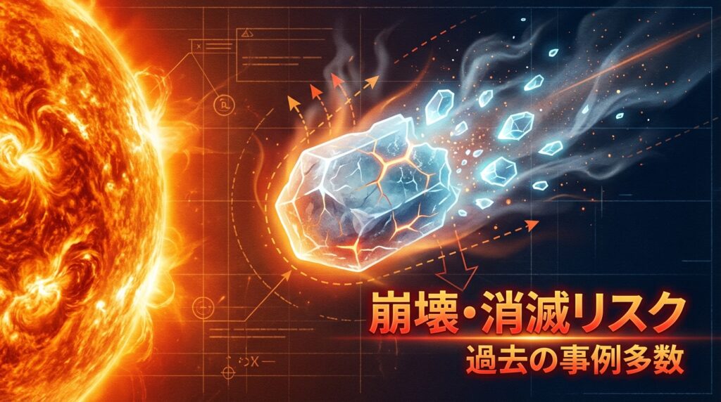 太陽熱で崩壊・分裂する彗星のイメージ図