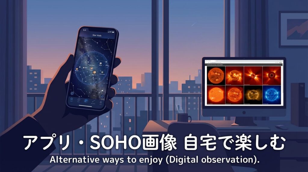天文アプリとSOHO衛星画像で彗星を確認する様子