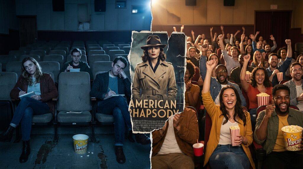 ガラガラの映画館と満員の映画館の対比で描くアメリカの分断