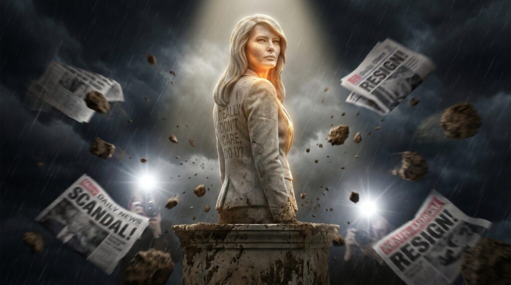 泥や批判をものともせず凛と立つメラニア夫人の彫像のようなイメージ