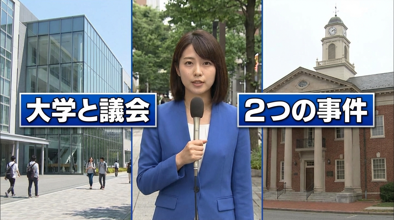 大学と議会を取材する日本人記者