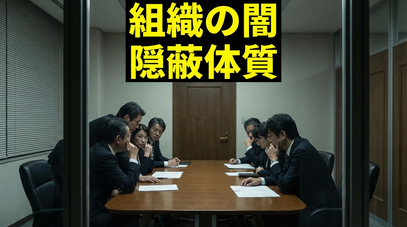 密室で相談する不安げな職員たち