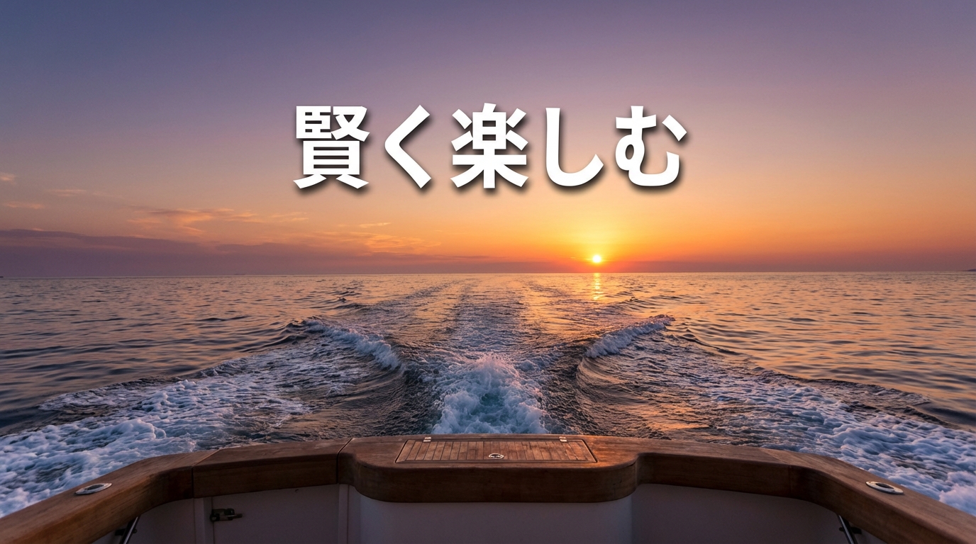 夕日の海を進むボートのイメージ