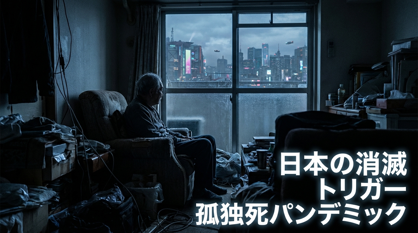 アンダークラス増大による未来の孤独死と社会崩壊を象徴する、暗い部屋の老人